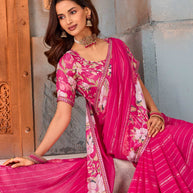 Pink embellished floral printed georgette saree wedding wear
