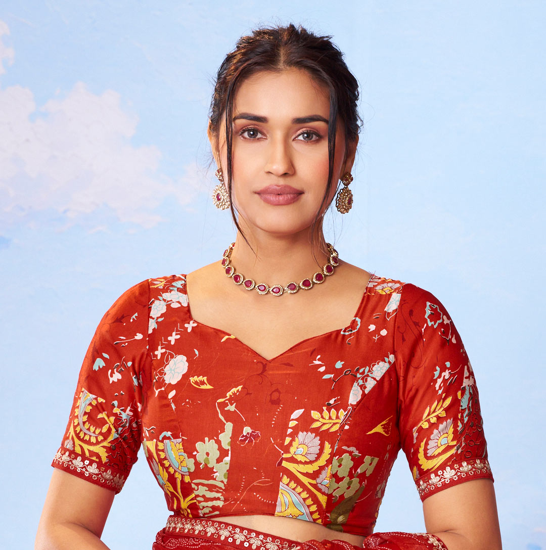 Red geometric printed silk blend saree ethnic wear