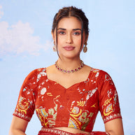 Red geometric printed silk blend saree ethnic wear