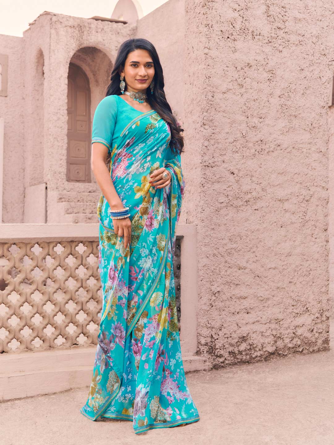 modern blue digital print saree