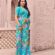 modern blue digital print saree