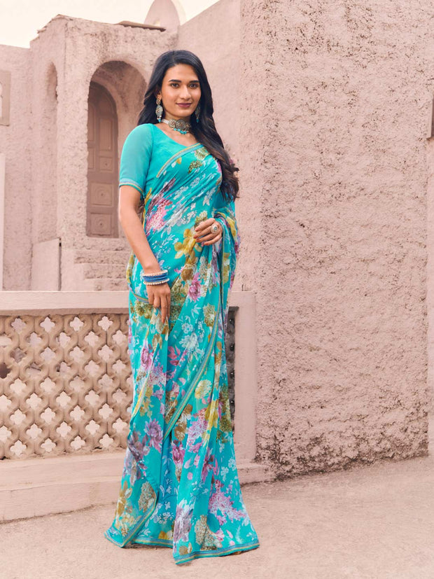 modern blue digital print saree