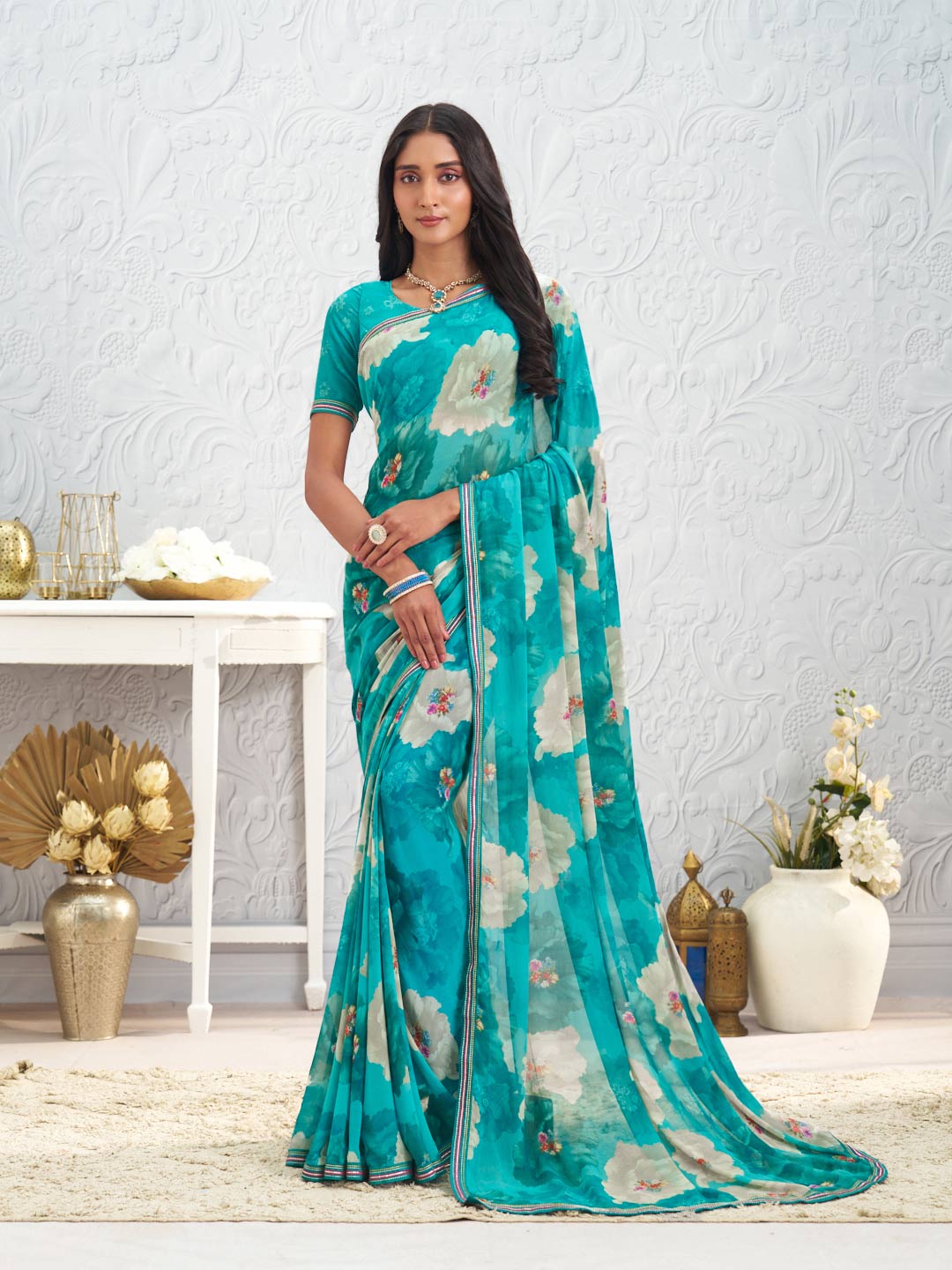 Blue floral printed georgette saree daily wear