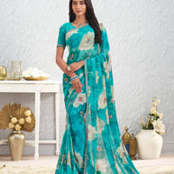 Blue floral printed georgette saree daily wear