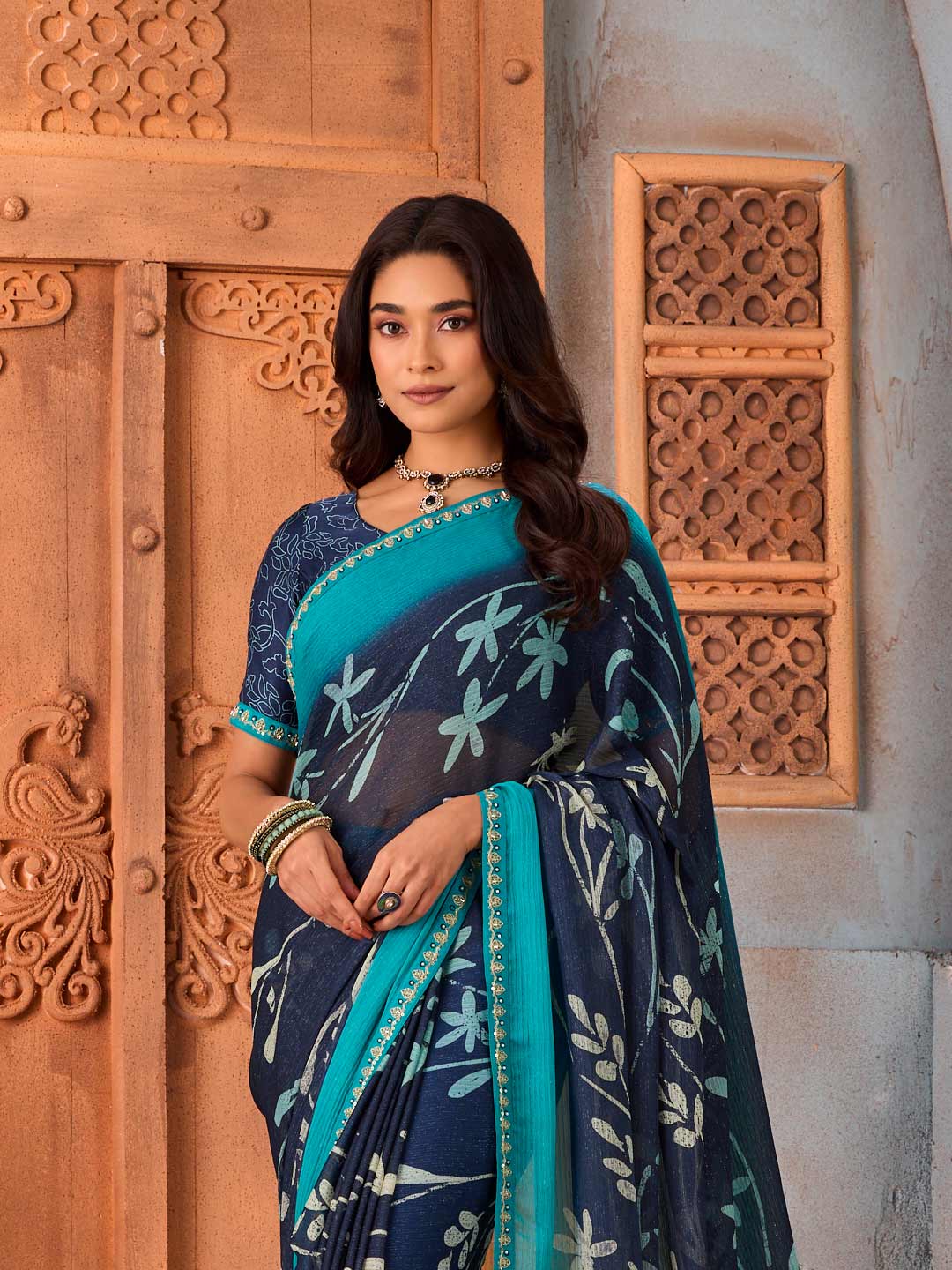 Navy Blue floral printed silk blend saree wedding wear