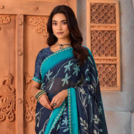 Navy Blue floral printed silk blend saree wedding wear