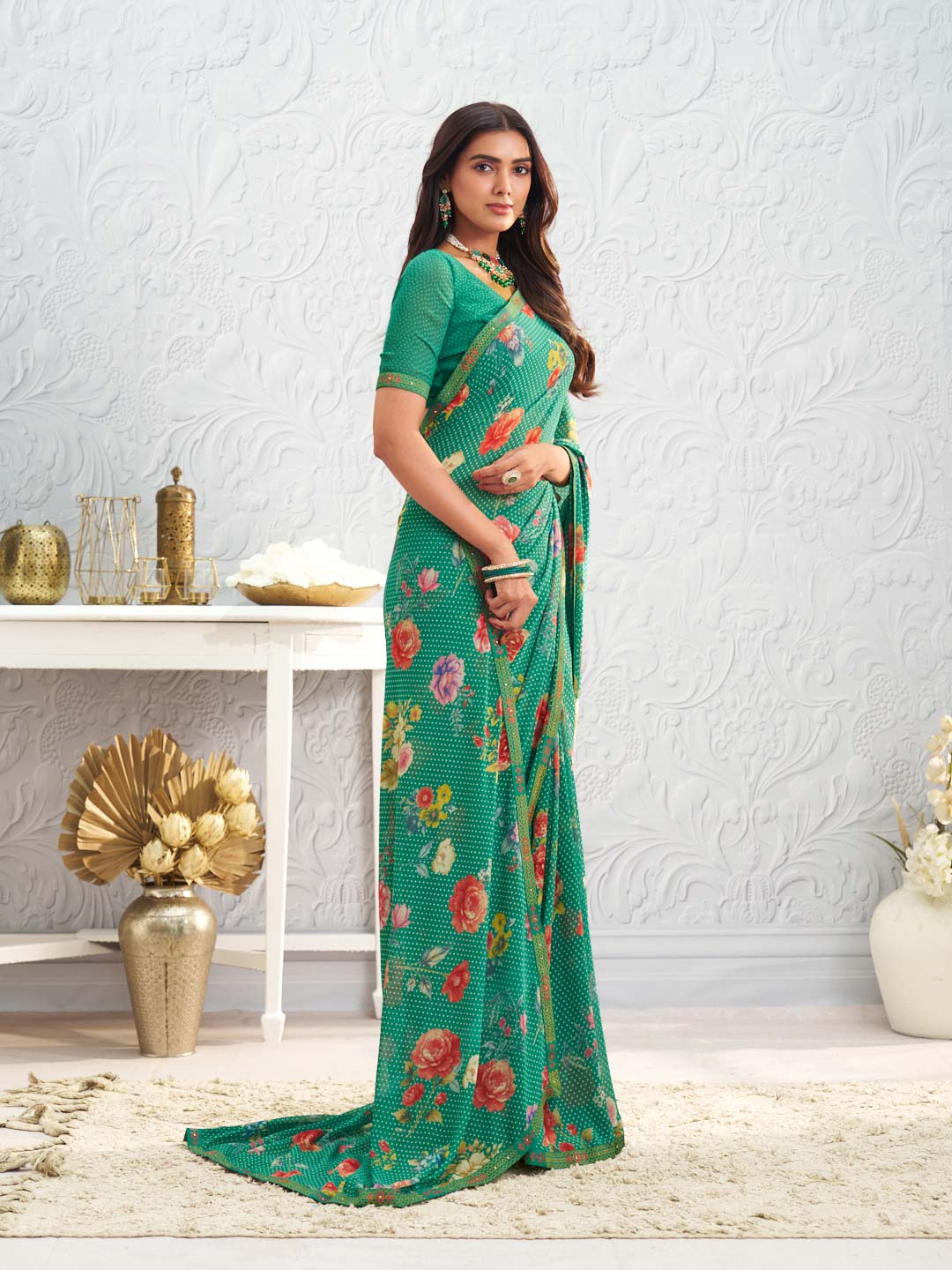 Green floral printed georgette saree wedding wear