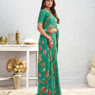 Green floral printed georgette saree wedding wear