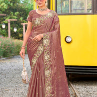 Purple chiffon elephant motif embroidered saree