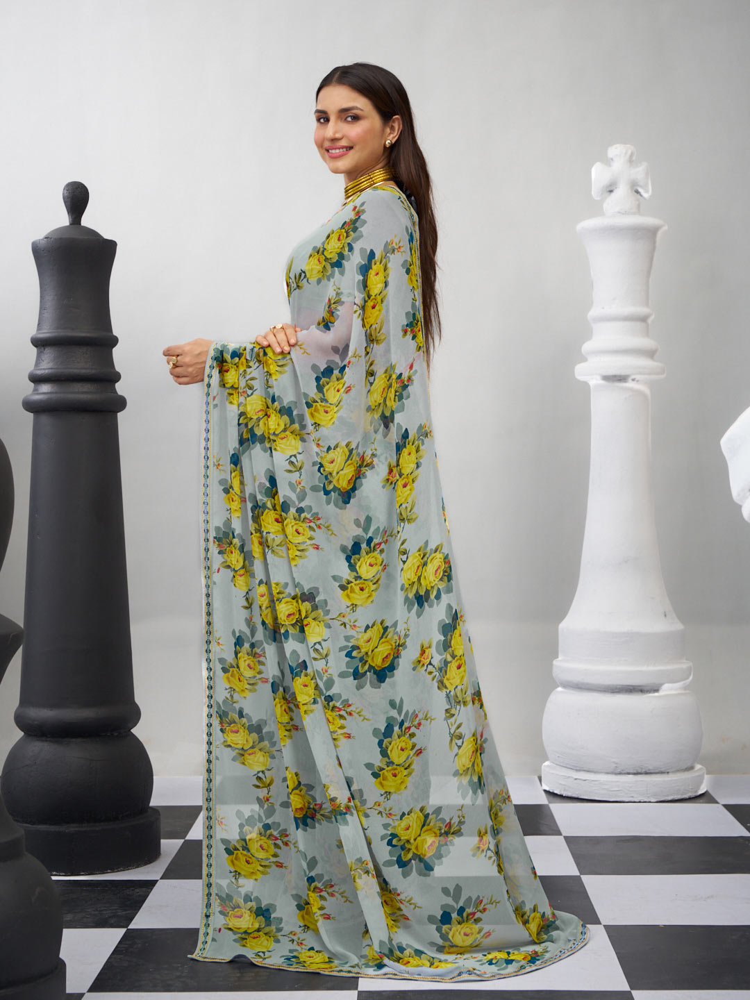 Grey printed saree casual style
