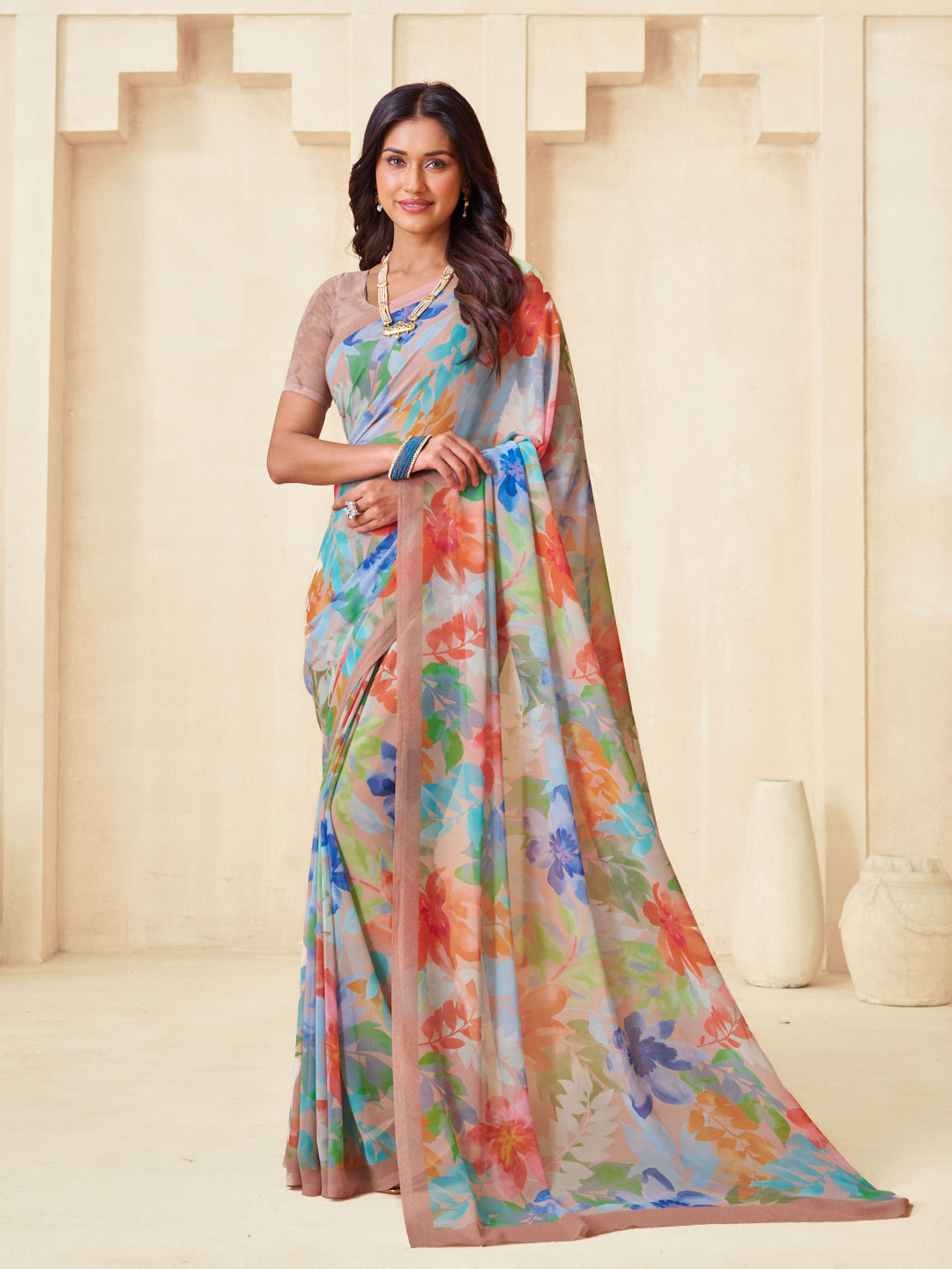 Multicolor floral printed georgette saree trendy style