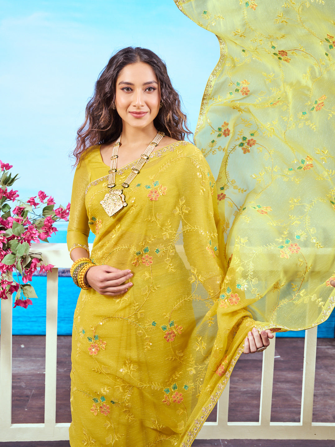 Yellow sequin embroidered chiffon saree party wear 