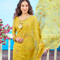 Yellow sequin embroidered chiffon saree party wear 