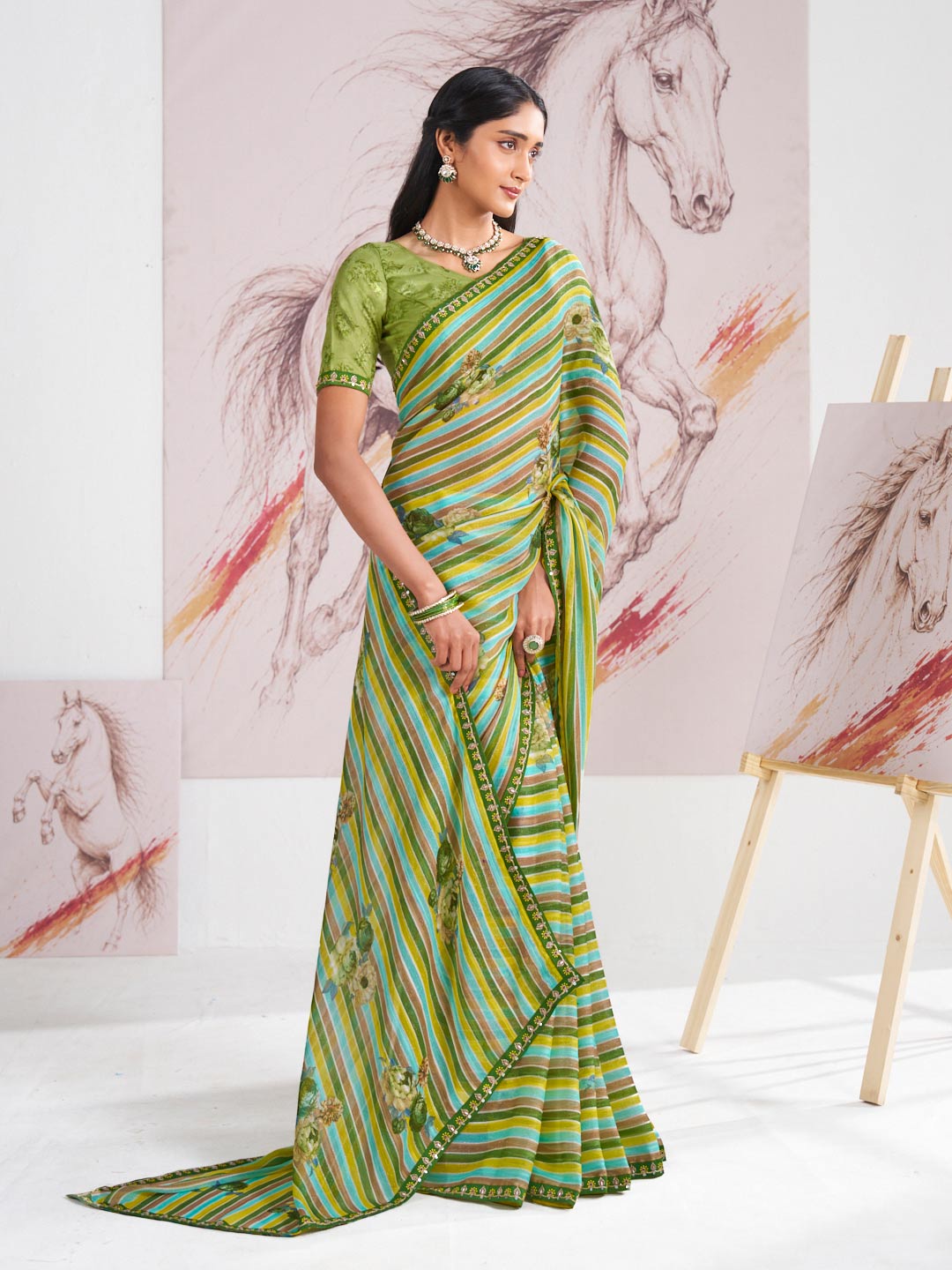 Laxmipati Murli Green Silk Blend Floral Saree