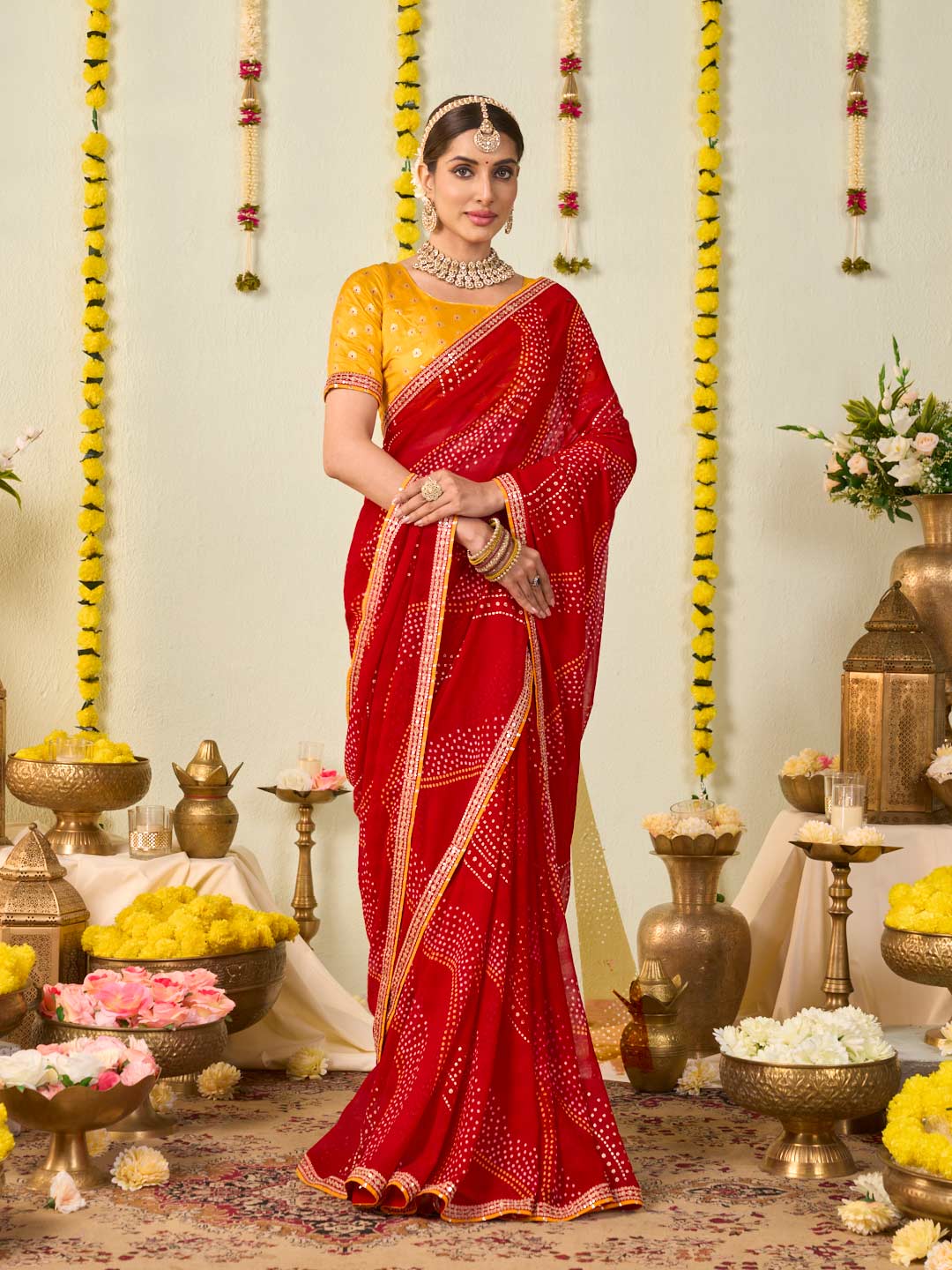 Red bandhani printed georgette saree wedding wear