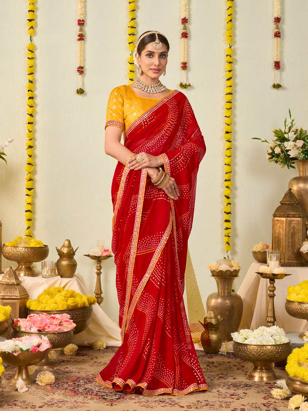 Red bandhani printed georgette saree wedding wear
