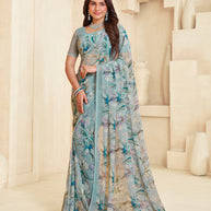 Grey floral printed georgette saree stylish wear