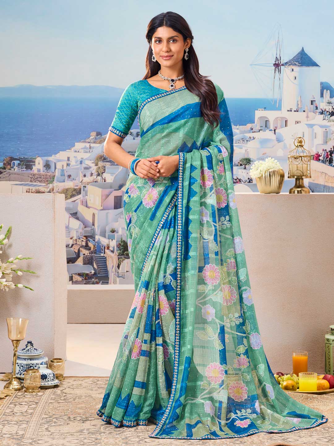 Blue floral printed chiffon saree elegant wear