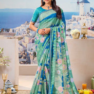 Blue floral printed chiffon saree elegant wear