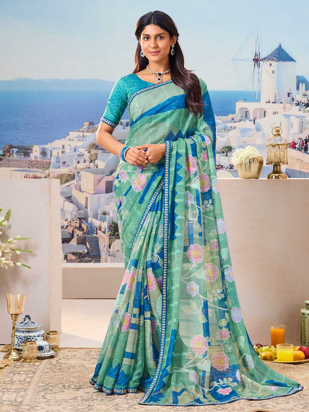 Blue floral printed chiffon saree elegant wear
