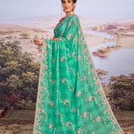 Green floral embroidered chiffon saree daily wear