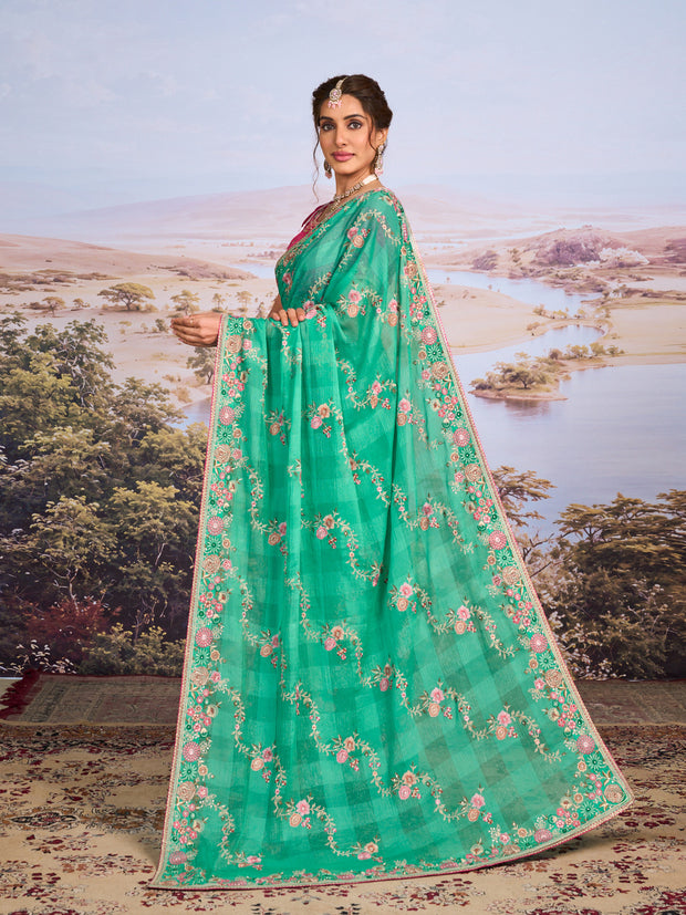 Green floral embroidered chiffon saree daily wear