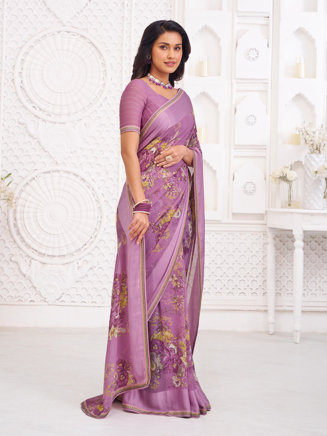 designer purple printed saree