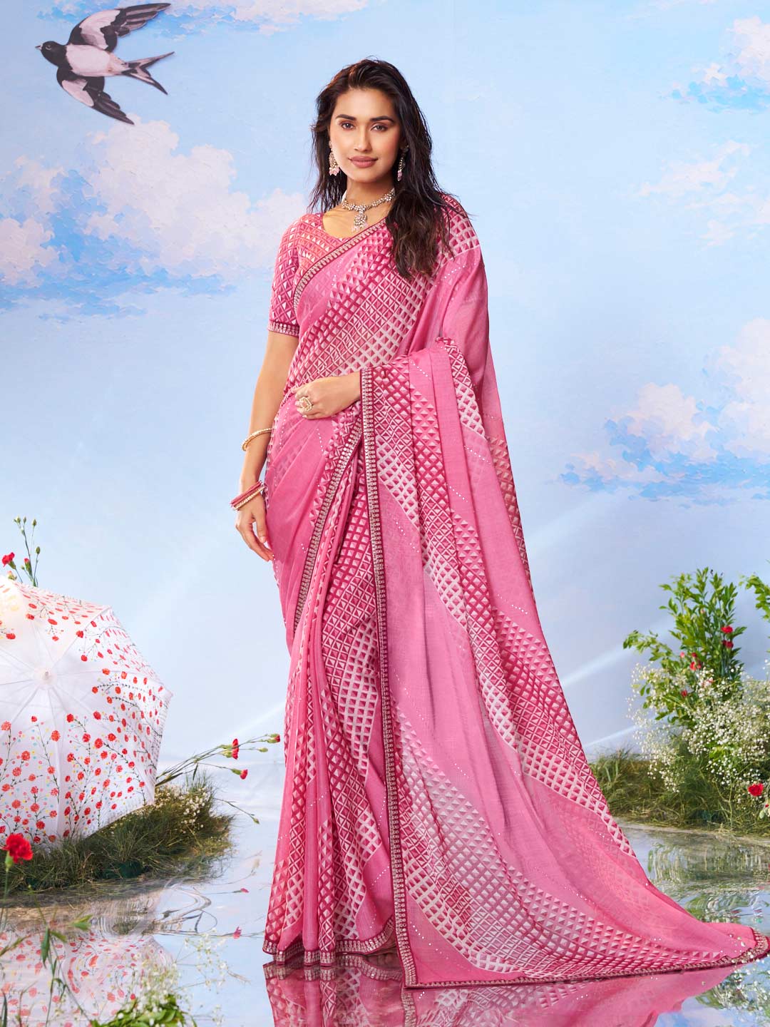 Pink geometric printed chiffon saree festive wear 