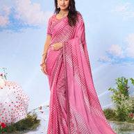 Pink geometric printed chiffon saree festive wear 