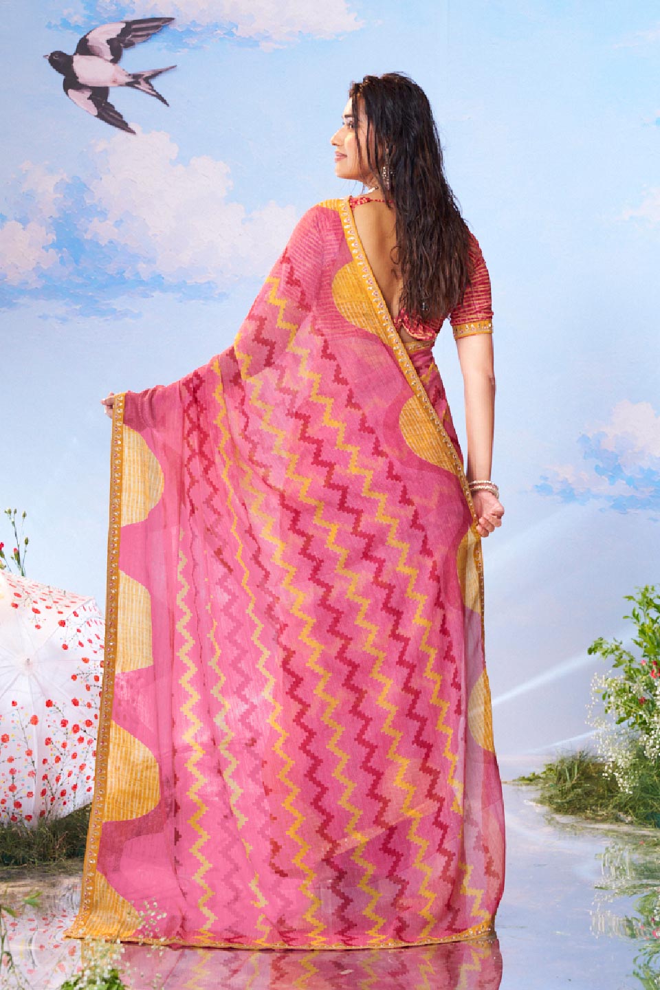 Pink geometric printed chiffon saree party wear 