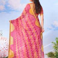 Pink geometric printed chiffon saree party wear 