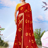 Red floral printed georgette saree festive wear