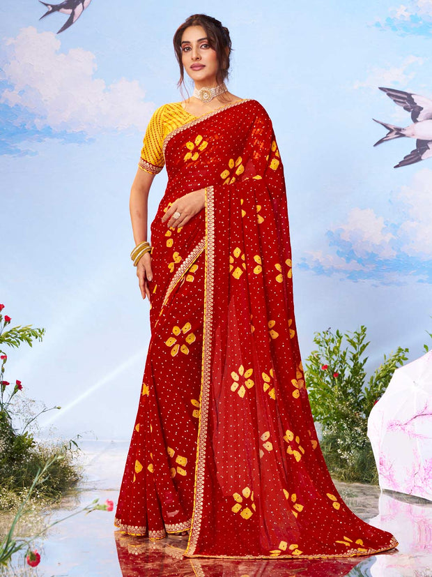 Red floral printed georgette saree festive wear