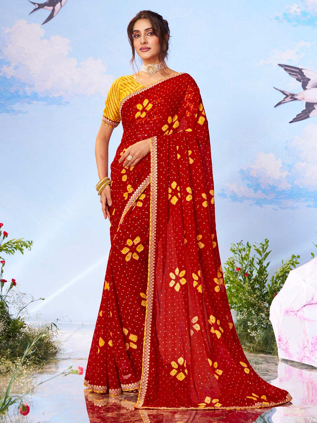 Red floral printed georgette saree festive wear