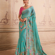 Green floral embroidered chiffon saree festive wear