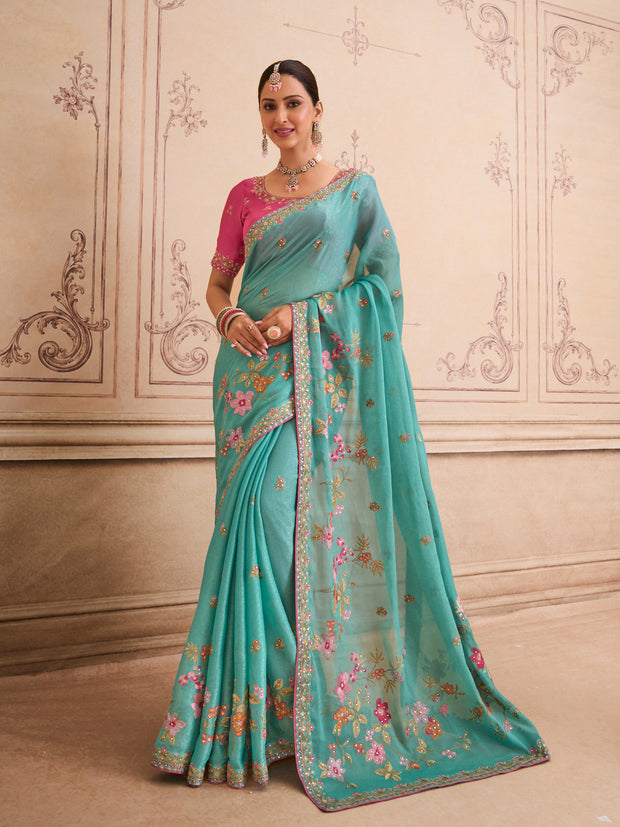 Green floral embroidered chiffon saree festive wear