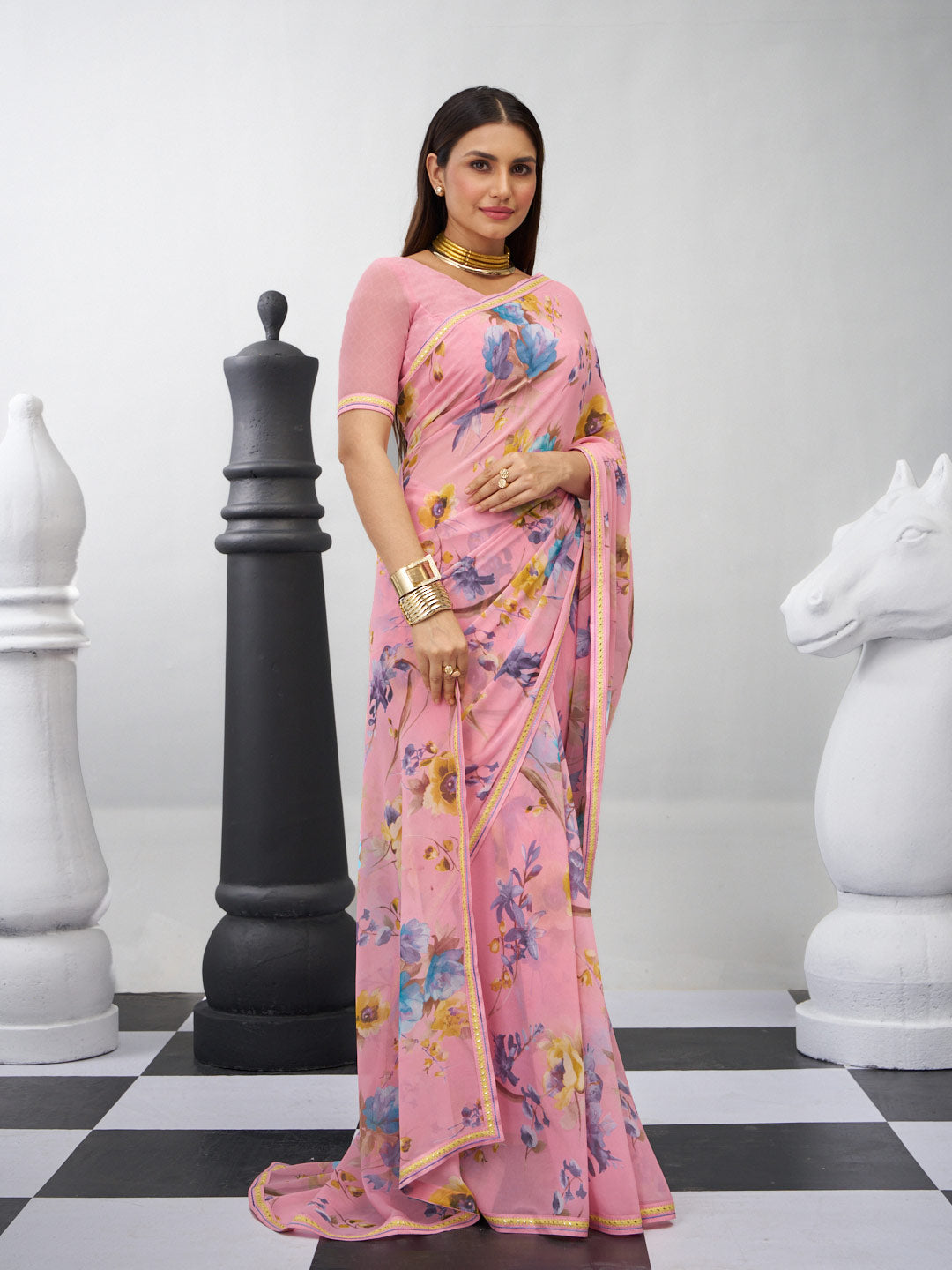 Pink floral saree lightweight look