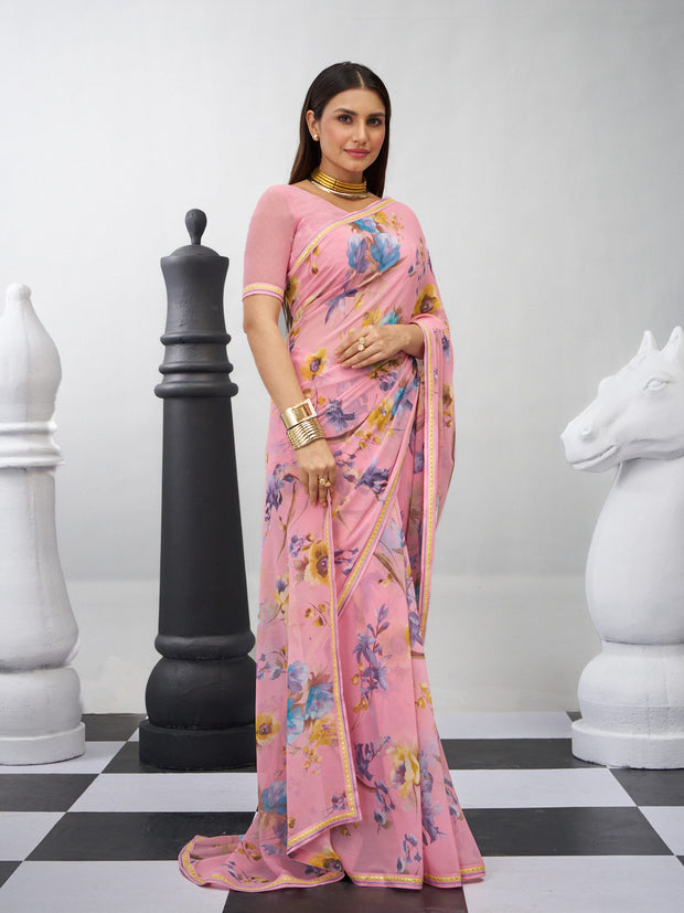 Pink floral saree lightweight look