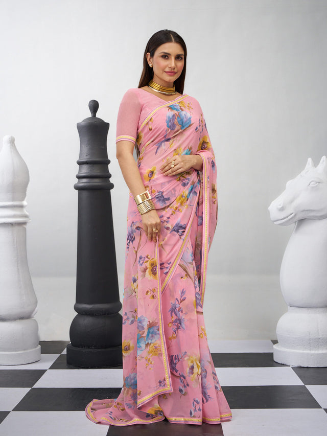 Pink floral saree lightweight look