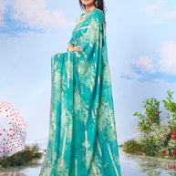 Blue floral printed chiffon saree festive wear