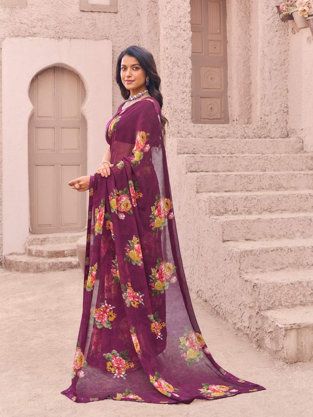 rich wine digital print saree