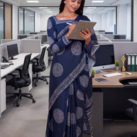 Blue geometric printed cotton blend saree office wear