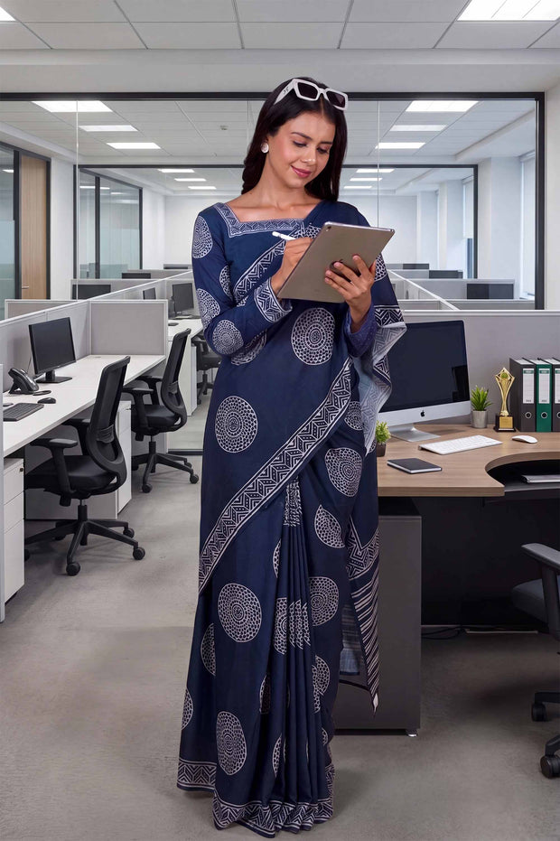 Blue geometric printed cotton blend saree office wear
