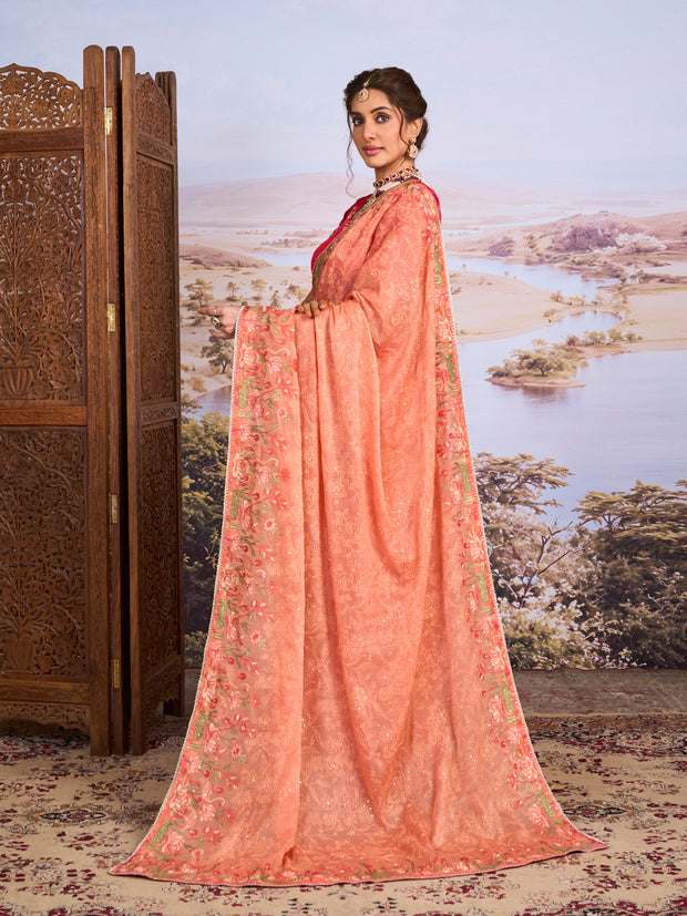 Brown floral embroidered chiffon saree casual wear