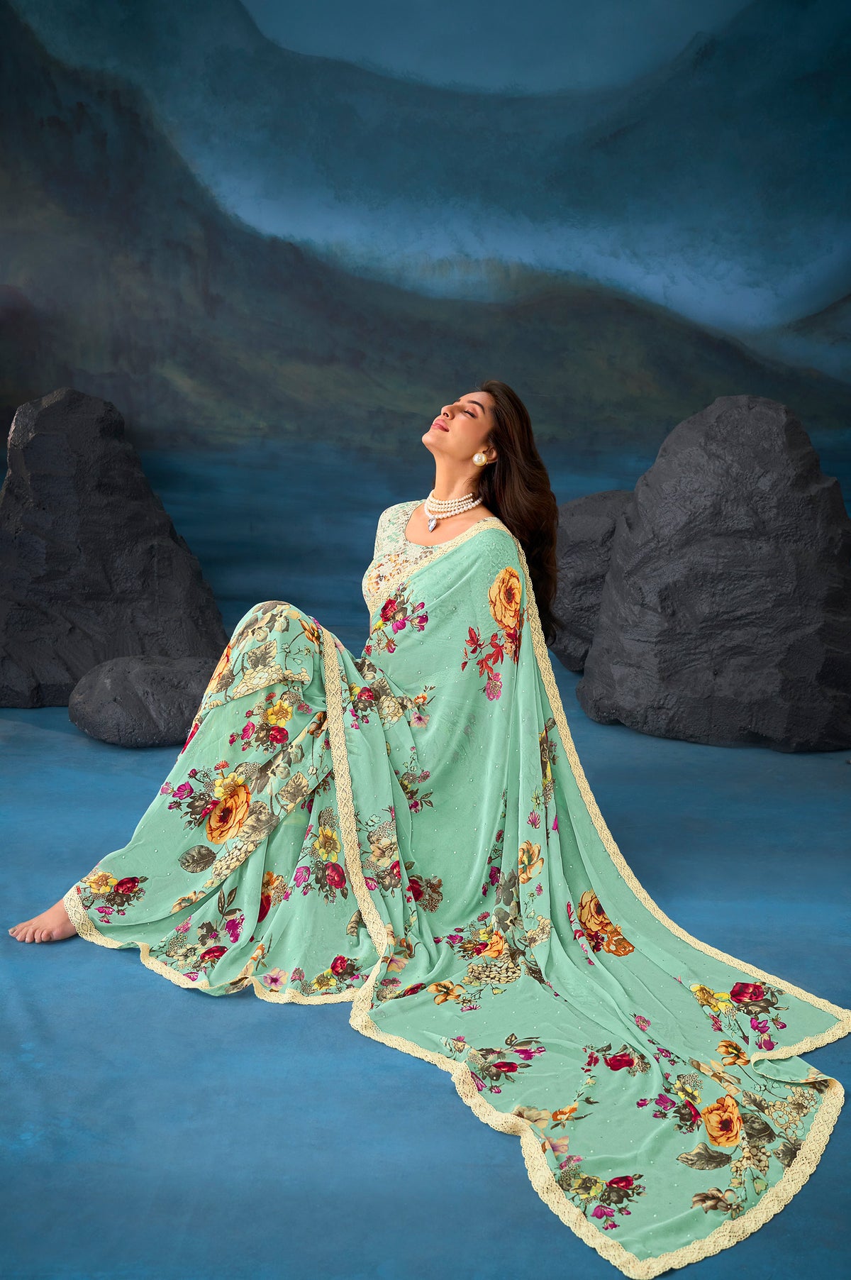 Green floral printed chiffon saree party wear
