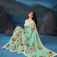 Green floral printed chiffon saree party wear