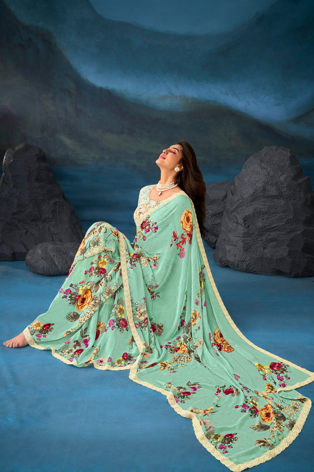 Green floral printed chiffon saree party wear