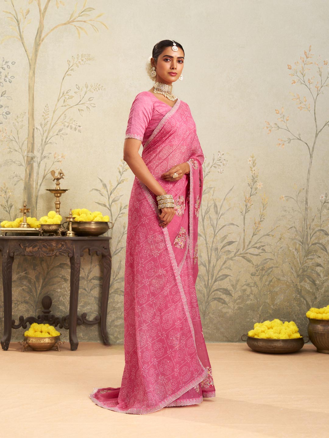 Pink floral embroidered chiffon saree casual wear