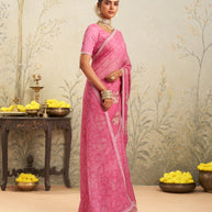 Pink floral embroidered chiffon saree casual wear