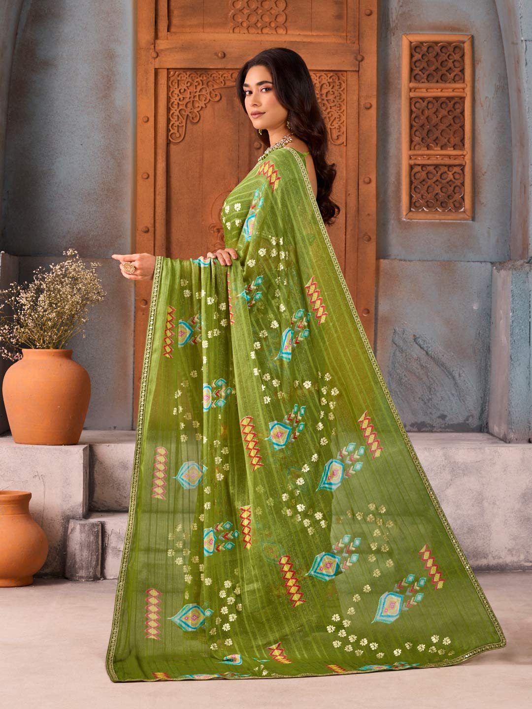 Green foil embellished Silk Blend saree party wear